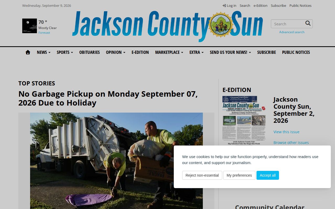 Jackson County Sun local newspaper website used for weekly news context