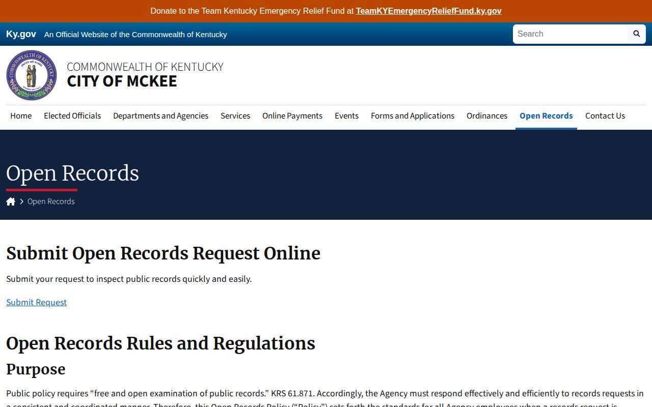 City of McKee open records instructions for McKee arrest records