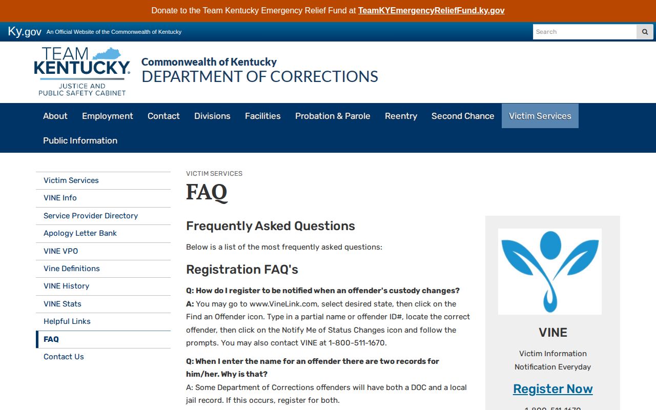 Kentucky VINE FAQ for Jackson County inmate search and alert registration