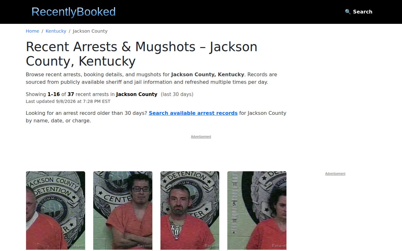 Unofficial Jackson County recent arrest listing interface requiring official verification