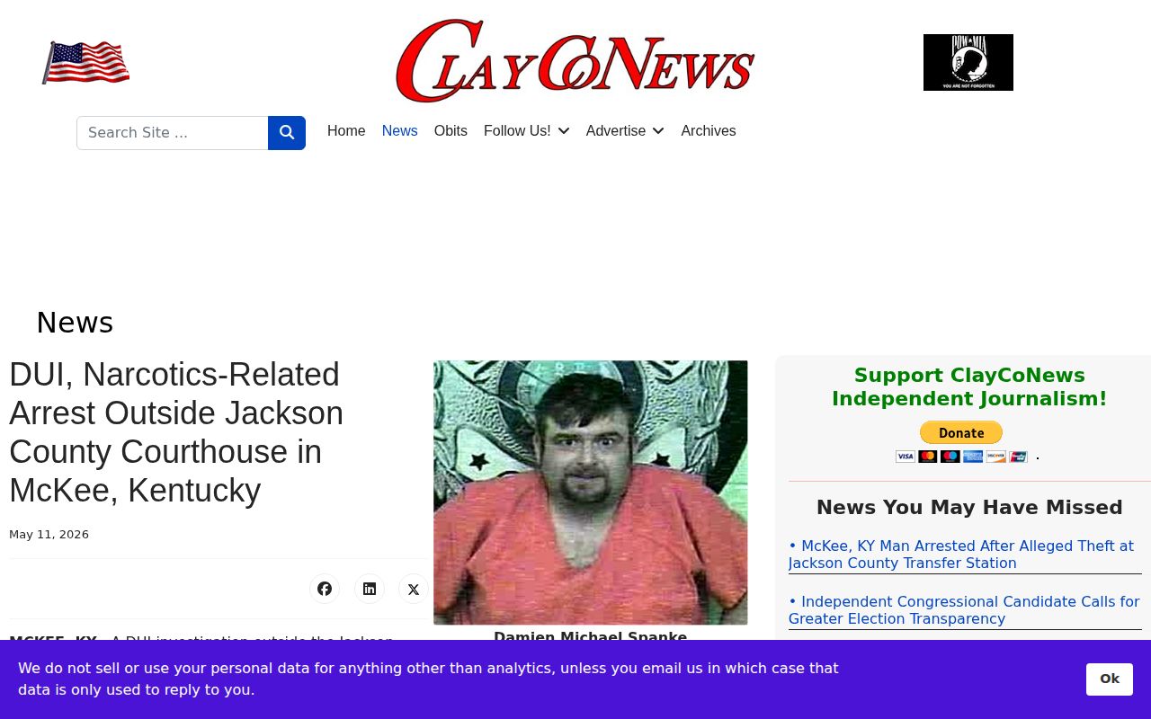 Clay County News report about an alleged arrest outside the Jackson County courthouse in McKee